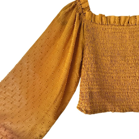 TULAROSA | NWOT SMOCKED CROP TOP BALLOON SLEEVES RUFFLE NECK SAFFRON | SMALL - Picture 3 of 9